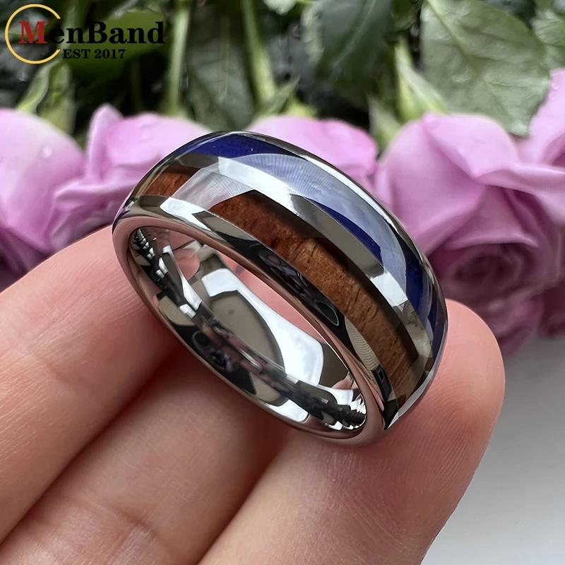 8mm Tungsten Carbide Ring for Men Women Engagement Wedding Band Blue-Lapis Koa Wood Inlay Dropshipping Dome Comfort Fit