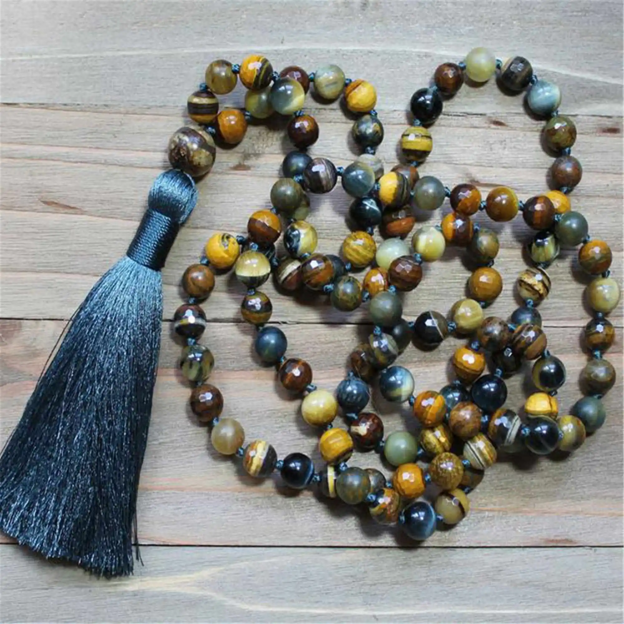 8mm Tiger's Eye 108 Beads Gemstone Tassel Mala bracelet Religious Hipster Relief Beads Choker Gemstone Gift Health Yoga Yoga