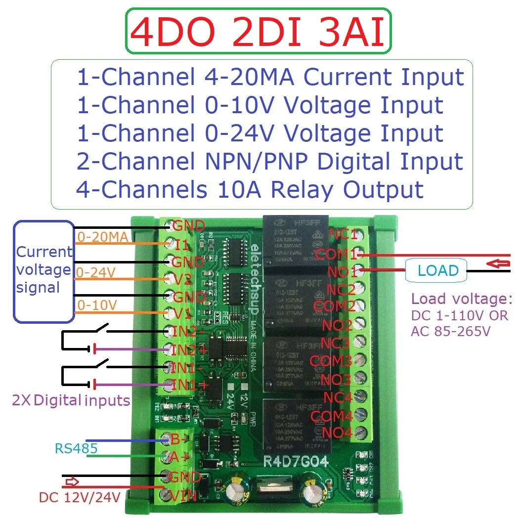 

4DO 2DI 3AI RS485 Modbus RTU Multifunction Relay Module PLC IO Expanding Board 4-20MA 0-10V Current Voltage Collector