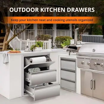Outdoor Kitchen Drawers with Paper Towel Holder, Stainless Steel Outdoor Kitchen Drawers, 3-Layer Flush Mount BBQ Drawers