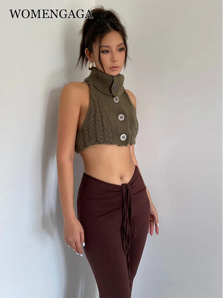 

WOMENGAGA Ultra Short Sleeveless Knitted Tank Top Female Button Lapel Design Sexy Personalized High Collar High Street 832A