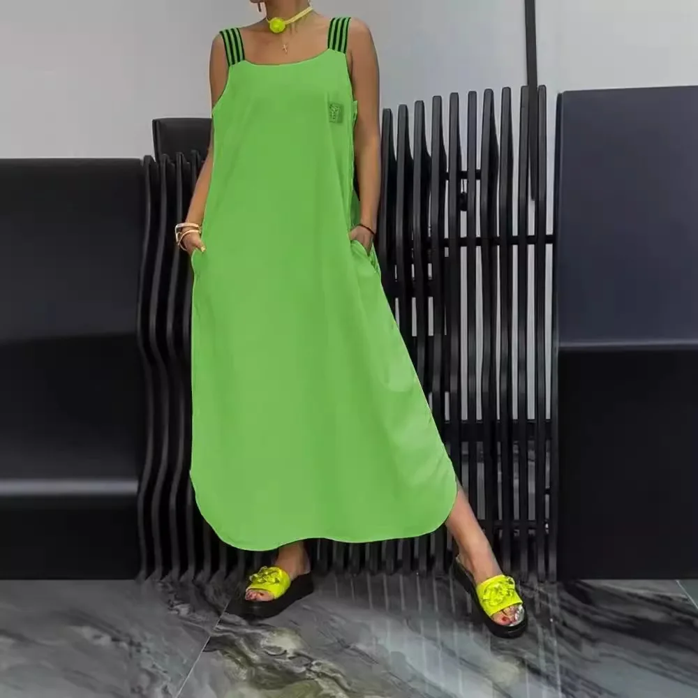 White Dress For Women Summer Sleeveless Fashion Solid Color Square-neck  Casual Simple Suspender Long Dresses 2025 New