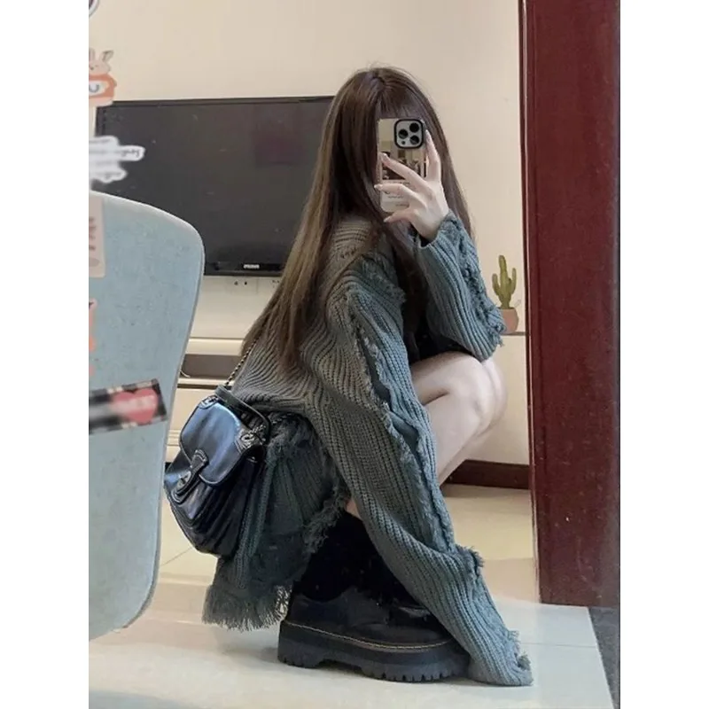 QWEEK 여성용 빈티지 스웨터, 하라주쿠 패션 점퍼, 오버사이즈 가디건, 한국 스트리트웨어, 니트 그레이 스웨터, 가을 시크, 신상