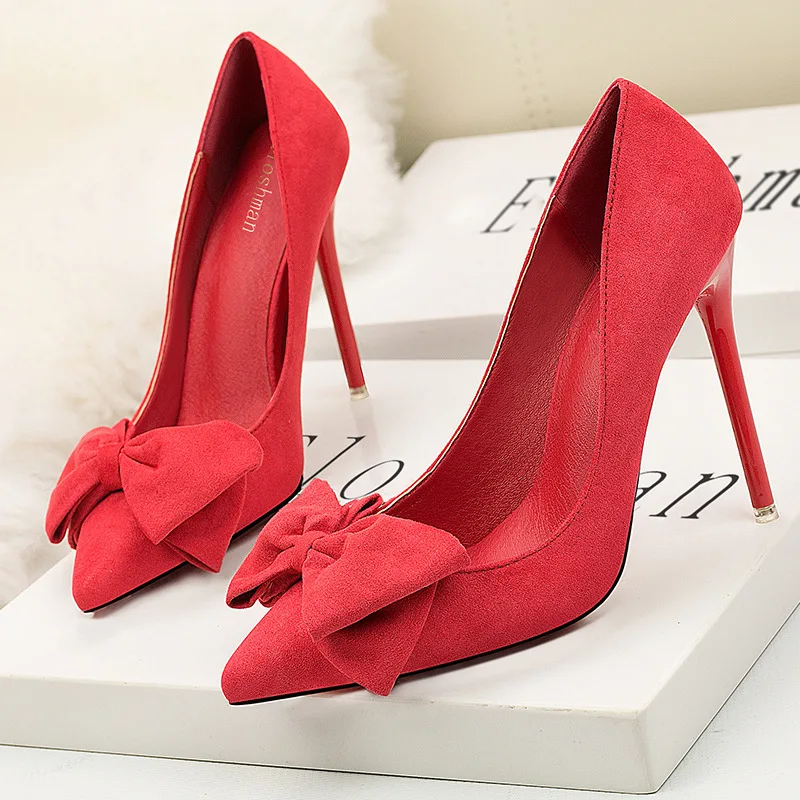 

fashion sexy Women Pumps suede 6CM Thin high heels Pointed Toe Slip-On Butterfly-knot fashion Solid Party Wedding Shoes