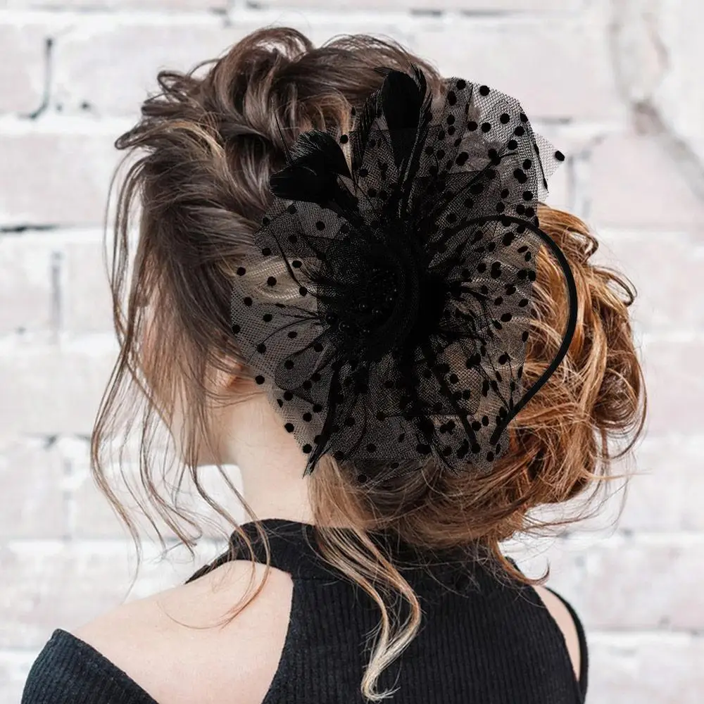 Damen und Mädchen Hochzeits-Haarschmuck: Netz-Blumen-Fascinator-Hut mit Federn, Haarspange, Alice-Stirnband-Clip, Teeparty-Stirnband – Detail 10
