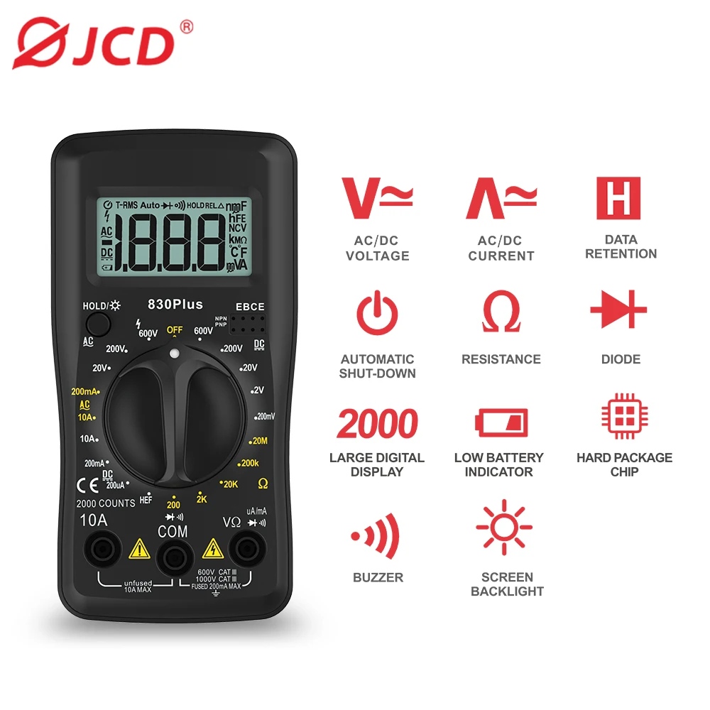 JCD Digital Multimeter AC/DC Votage Current Automatic Tester 2000 Counts True RMS Ohm Ammeter Capacitance Meter 830Plus