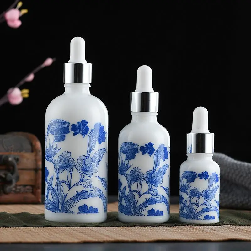 Elegant Porcelain-Inspired Dropper Bottles in Blue and White Design