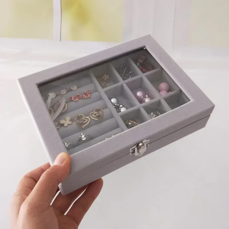 Velvet Jewelry Display Box with Glass Lid 20*15*5cm Flocking Jewelry Organizer for Ring/Earring/Bracelet/Necklace Storage Case 6