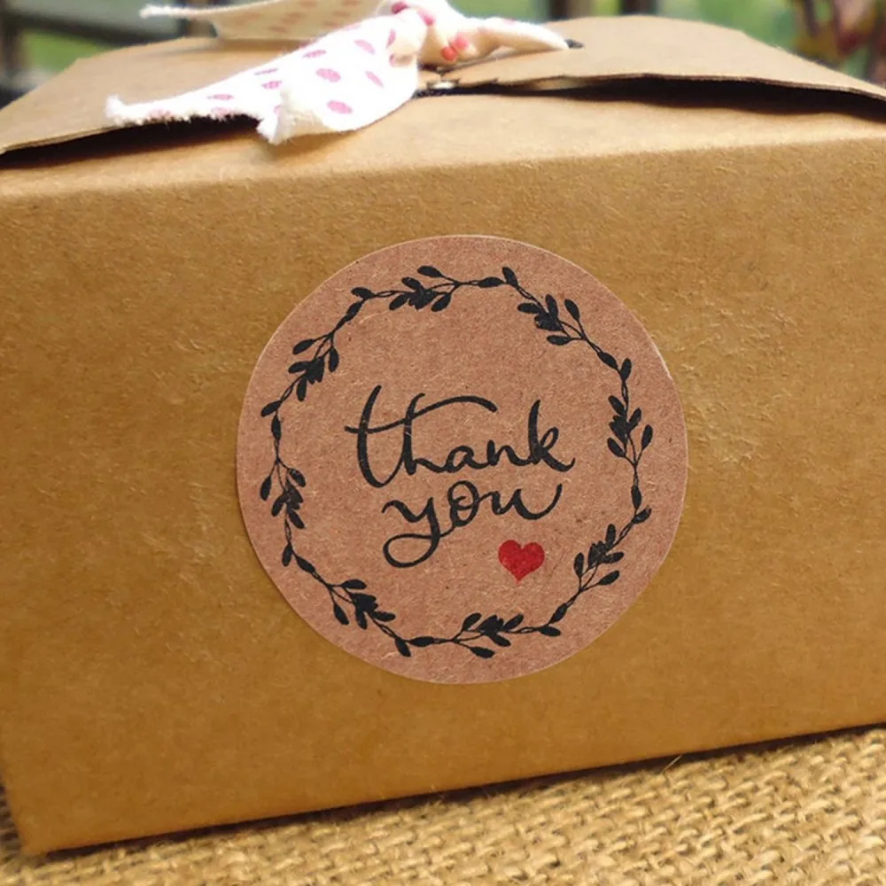 Round Natural Kraft Handmade Heart Thank You Stickers Scrapbooking Gift Baking Package Adhesive Sticker Seal Label 50-500pcs