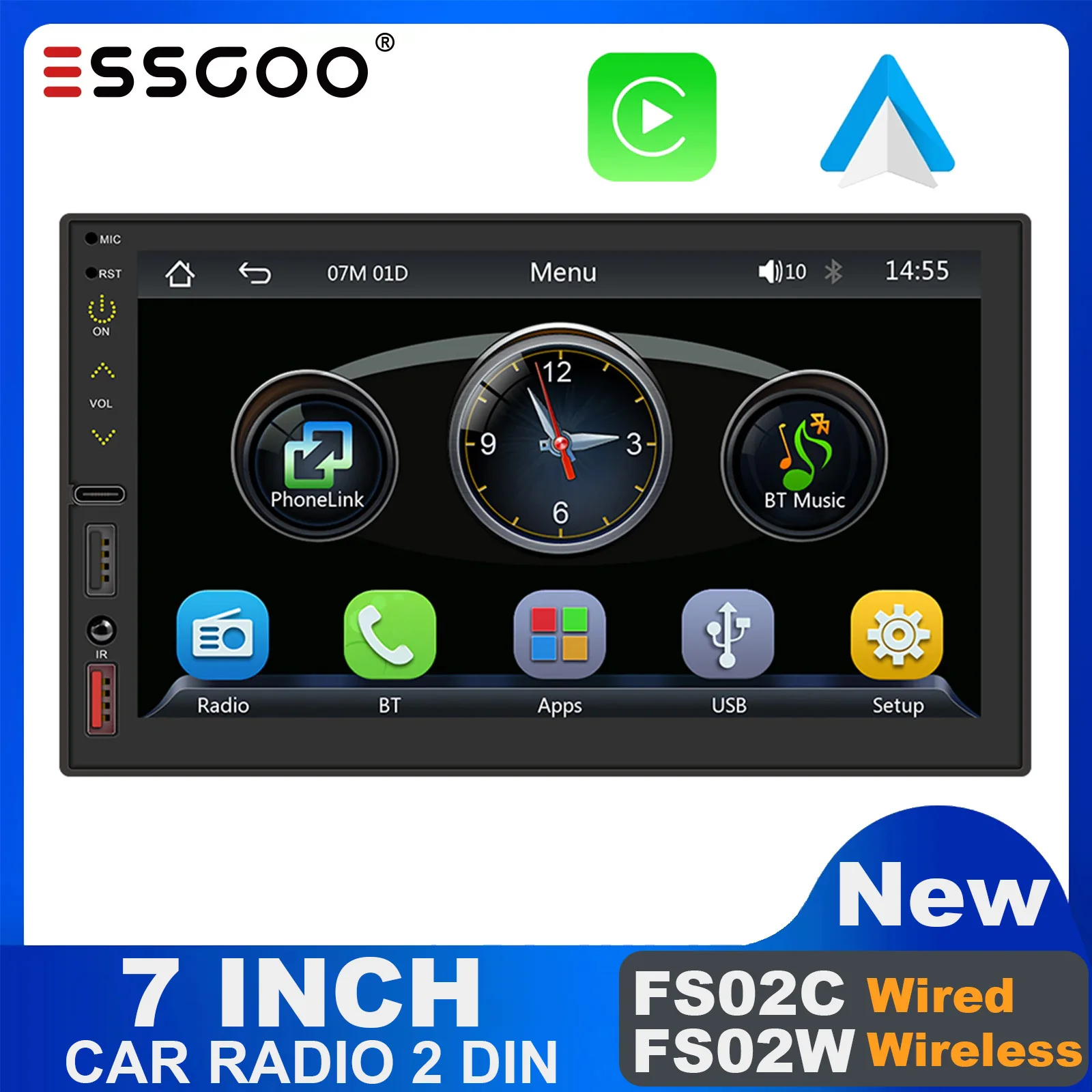 

ESSGOO 2 Din Car Radio 7 Inch Center Multimedia MP5 Player Wired/Wireless Carplay Android Auto MirrorLink RDS FM AM Car Stereo