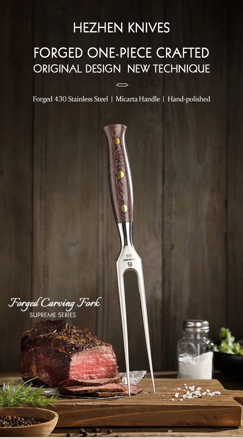Description Picture 2 of itemHEZHEN 430 Stainless Steel Carving Fork Micarta Handle Barbecue Fork BBQ Tools Two-toothed Fork Exquisite Handmade Box Packaging