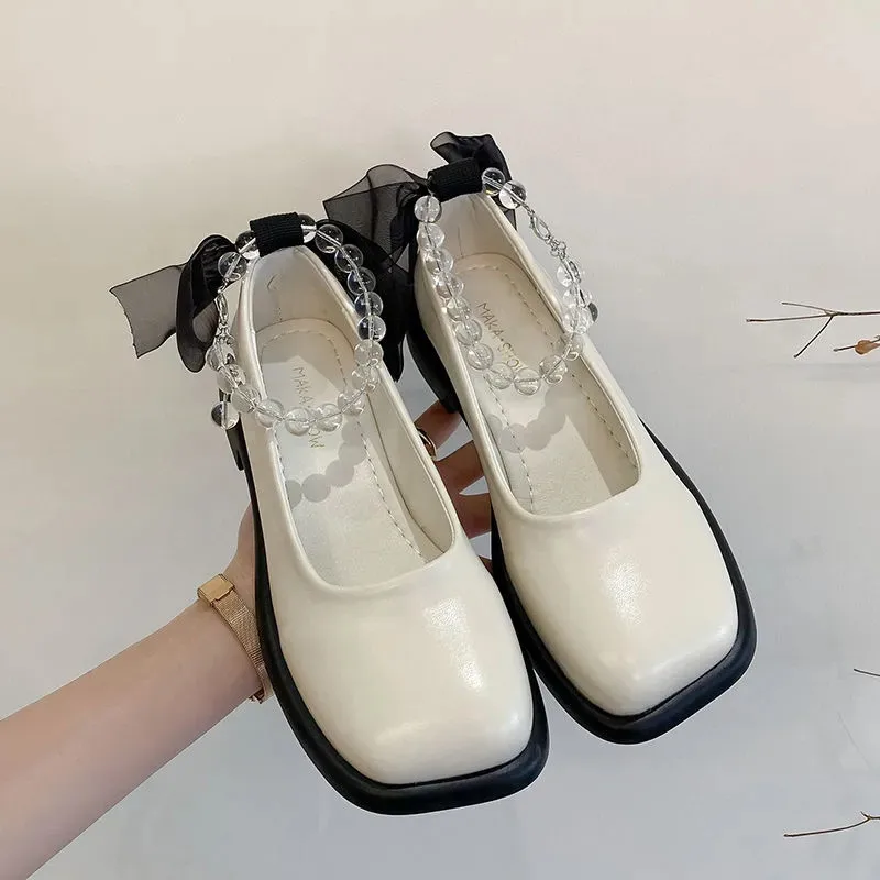 

Lolita Designer Mary Jane Shoes For Women 2022 Fashion Bowknot Ankle Beads Platform Loafers Goth Cute White Black Leather Flats