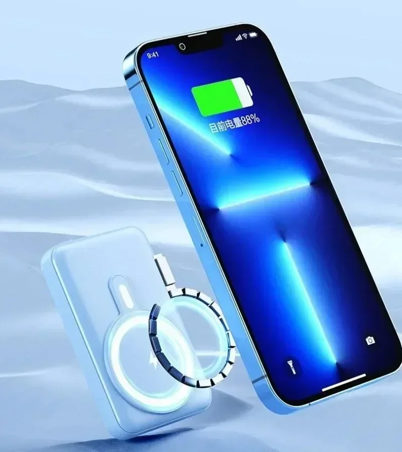 Ultra thin fast charging portable mobile power magnetic wireless power bank, built-in cable, high capacity 50000mAh