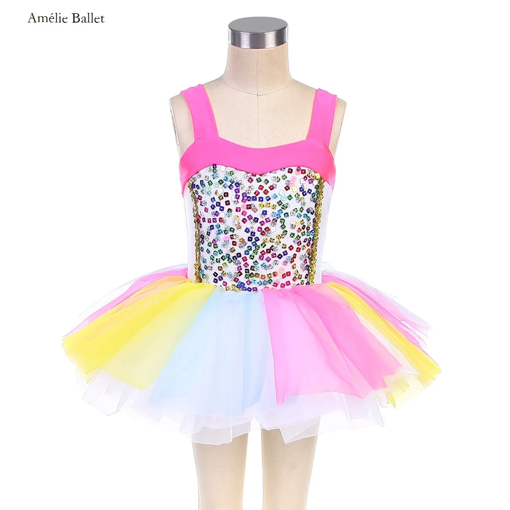 

19015 Kids Colorful Sequin Bodice Dance Costumes Girls Stage Performance Ballet Costume Tutu Ballerina Dancing Dress