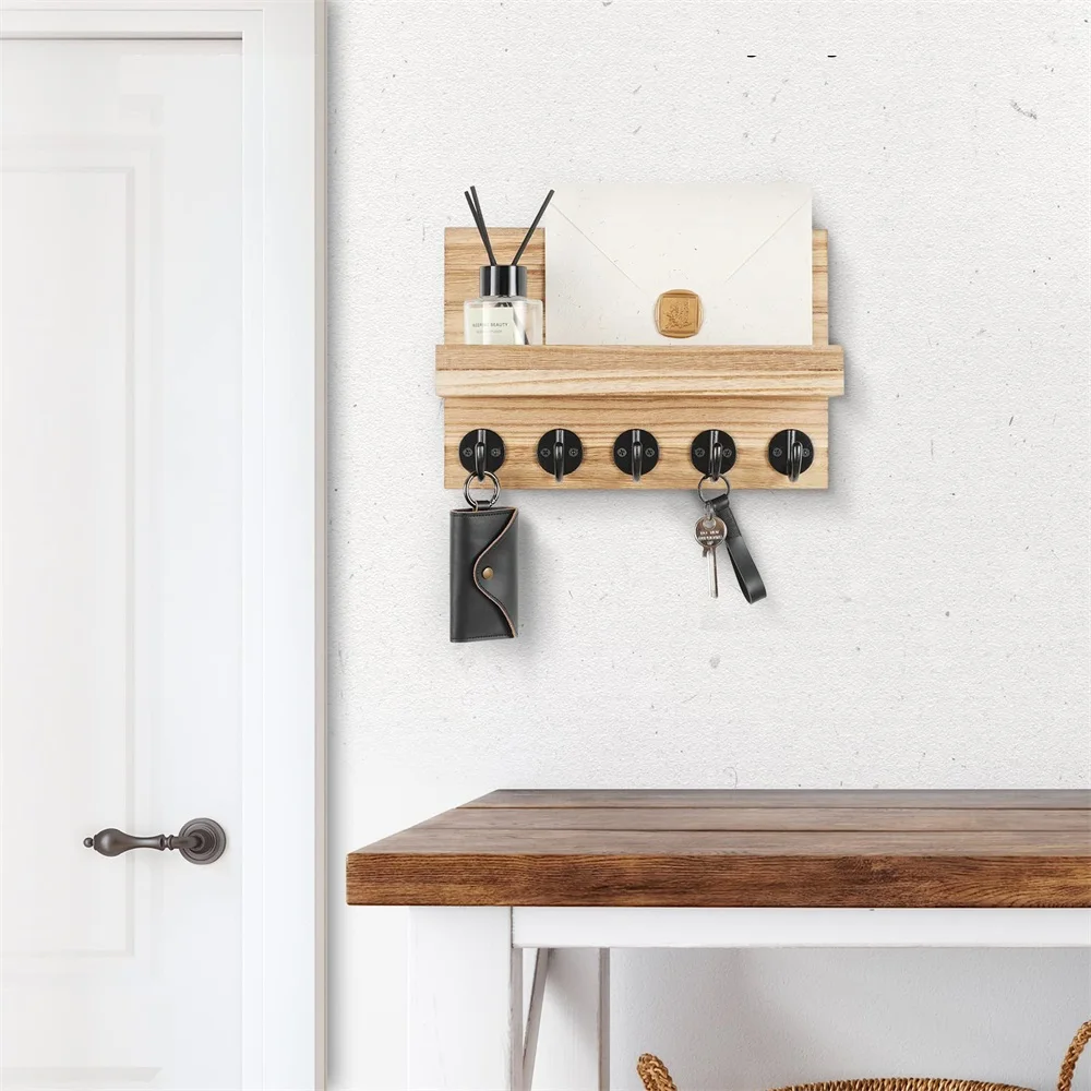 Key and Mail Holder Home Decor Wood Wall Organizer with 5 Hooks and Shelf for Bags Dog Leash Wall Decor for Living Room Entryway 3