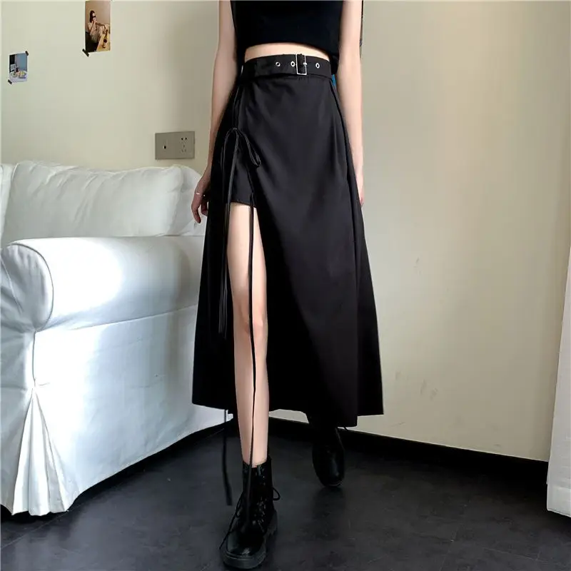 Black Split Hem Lacing Skirt Summer New High Waist Irregular Solid Color Loose Trend A-line Skirt Fashion Casual Women Clothing cokal women s thick coat cotton 2023 new winter warm fashion casual soft trend hooded coat m 4xl