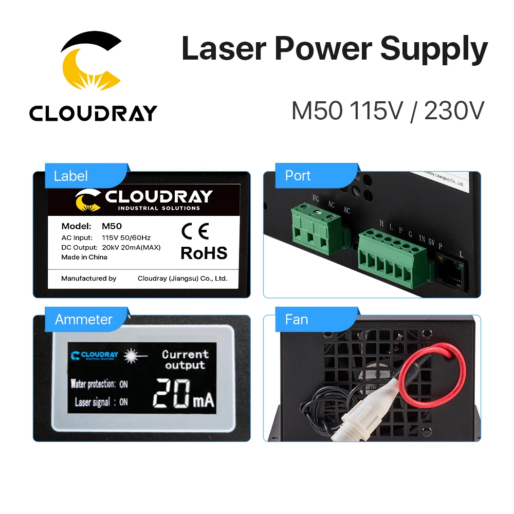 Cloudray 50W CO2 Laser Power Supply for CO2 Laser Engraving Cutting Machine M50 category for Co2 Laser Marking Machine