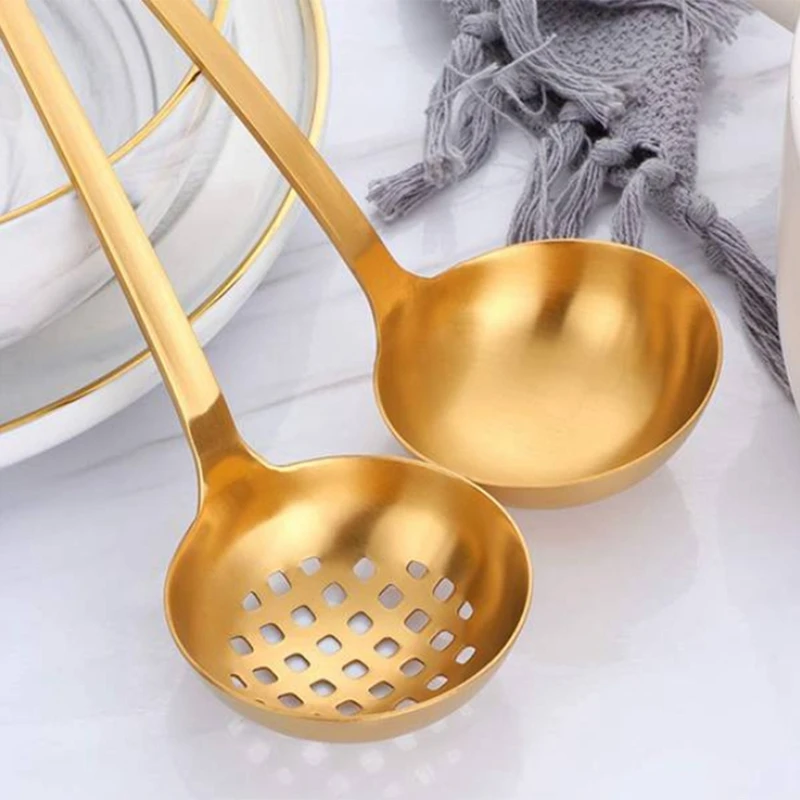 Gold Soup Ladle Colander Set, Long Handle Stainless Steel Kitchenware Cookware Serving Spoon, For Cooking Utensil(2 PCS)