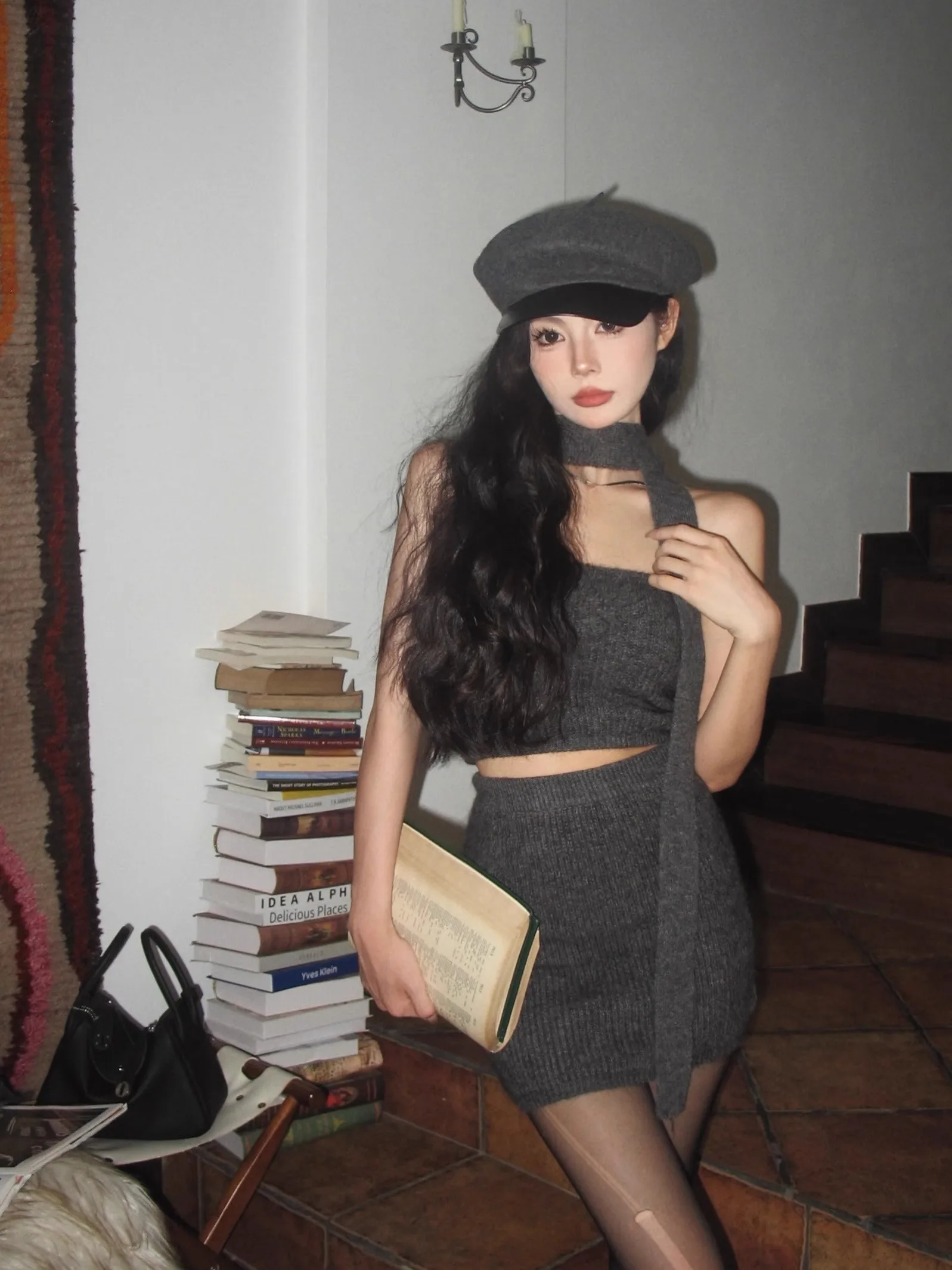 Autumn Winter New Knitted 3-piece Skirt Set Women Solid Long Cardigan Strapless Crop Top Mini Skirt Y2K Korean Chic Knitwear New