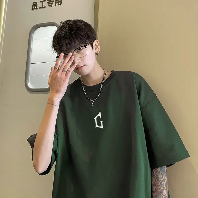 

Футболка мужская в американском стиле ретро темно-зеленая, свободная повседневная рубашка в гонконгском стиле, тяжелая хлопковая майка в стиле ins, лето