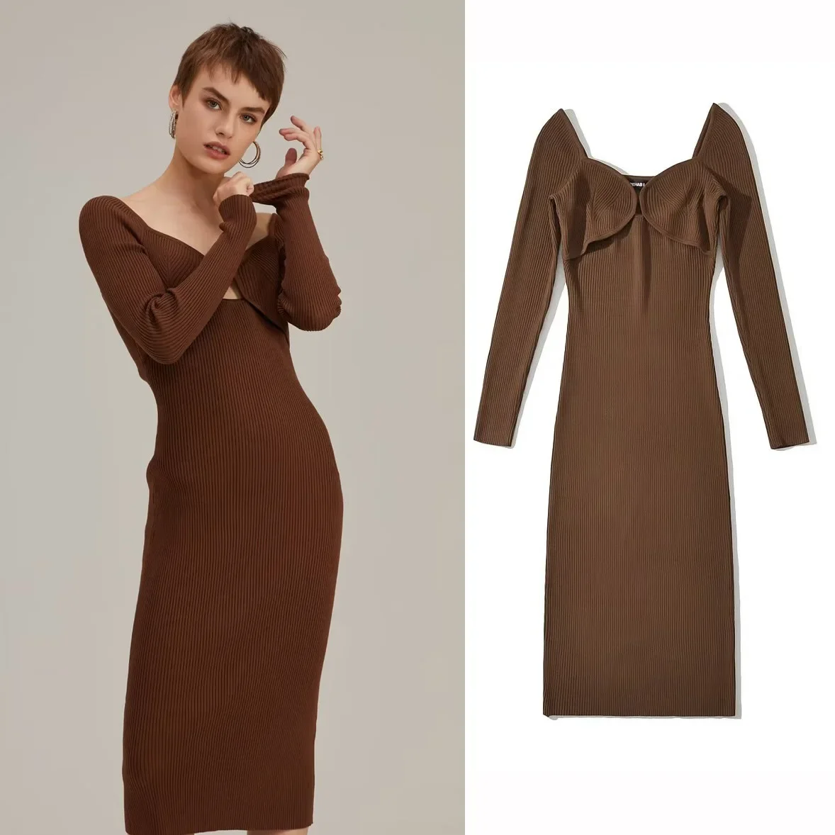 

Women Corset Knitted Ribbed Long Sleeve Cut Out Midi Dress