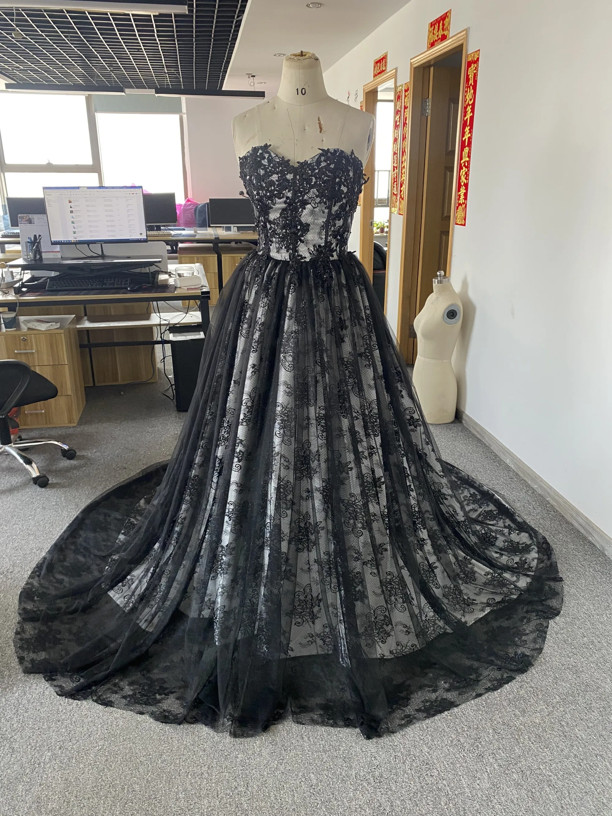 Quinceanera Dresses Ball Gown Black lace tribunal ribbons back custom-made available