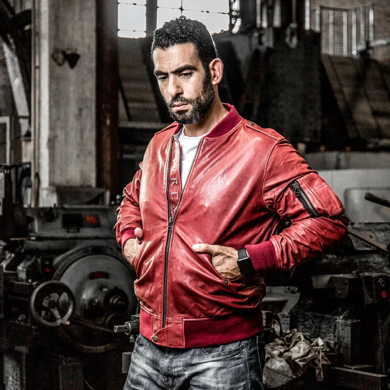 

YR!Free shipping.100% tanning goatskin.Brand classic A1 leather flight bomber jacket,mens slim genuine leather coat,plus size