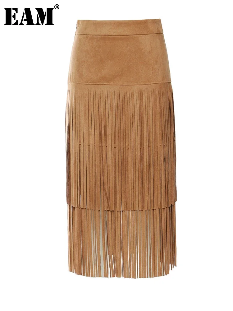 

[EAM] High Waist Khaki Tassels Irregular Long Elehgant Half-body Skirt Women Fashion Tide New Spring Autumn 2024 1DE8926