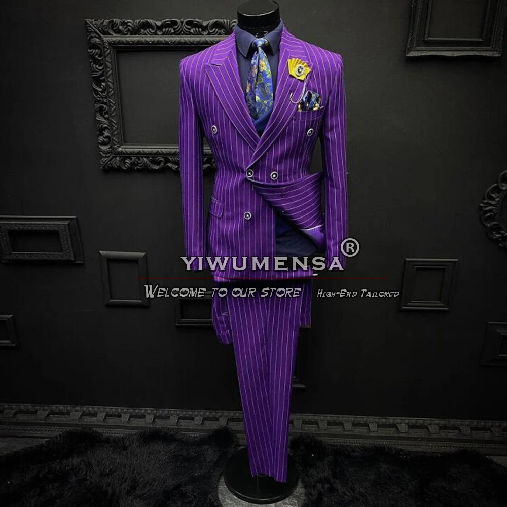 

Purple Pinstripes Suit Men Slim Fit Peak Lapel Groom Wedding Tuxedos 2PCS Sets Elegant Male Clothes Prom Blazer Trajes De Hombre