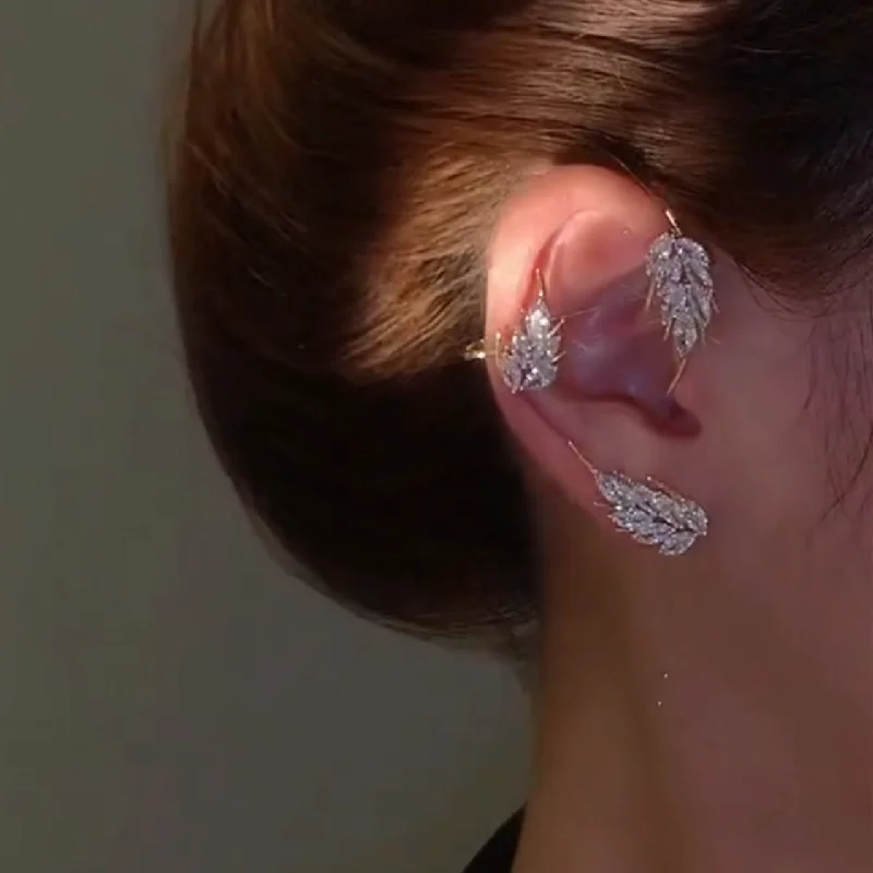 Butterfly Feather Ear Clips Without Piercing For Women Sparkling Zircon Ear Cuff Clip Earrings Wedding Jewelry