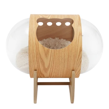 Wooden Spaceship Pet Bed for Cat & Dog Window Capsule-shaped Cat Bed Made of Wood House Cat Bed Indoor with Cushion 3