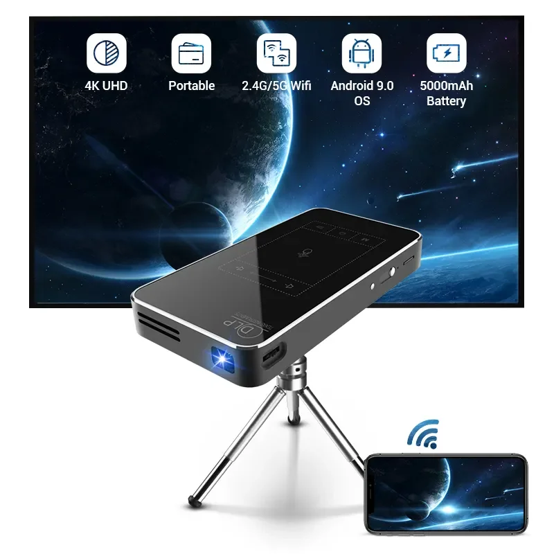 Vivicine Mini Pocket Android 9.0 Video 4K Dlp Proiettore Digitale Con Touch Wifi Bluetooth E Proiettori Batteria 5000Mah