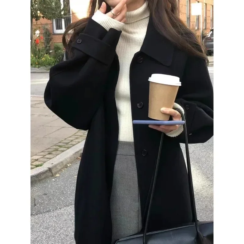 Deeptown Winter Vintage Wool Coat Women Autumn Winter Korean Fashion Oversize Jacket Old Money Style Streetwear Tweed Outwear