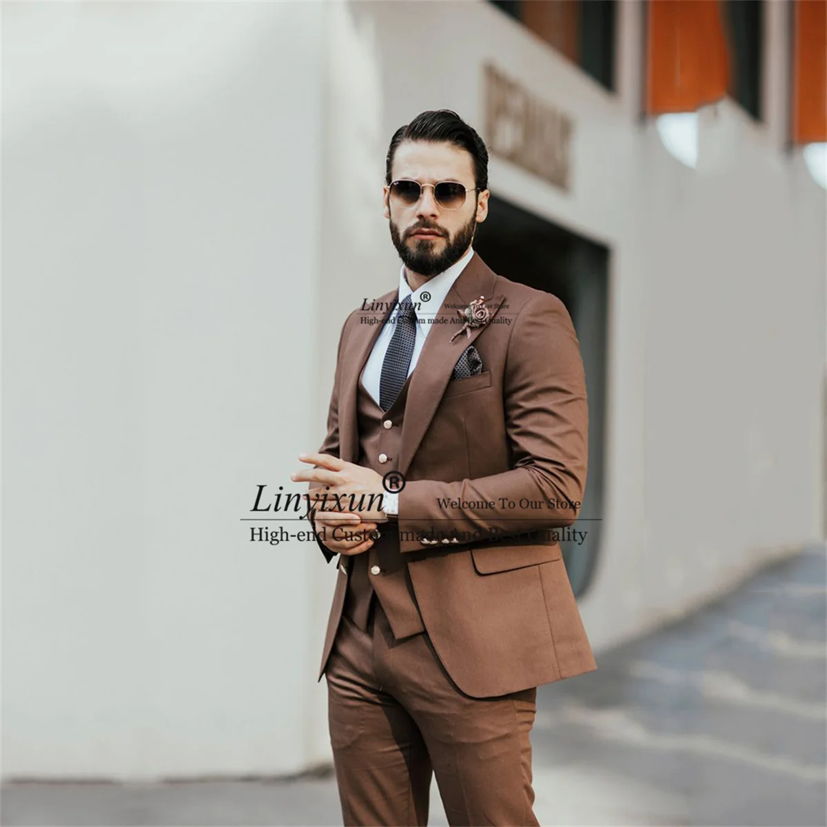 

Brown Men Suit Notched Lapel Groom Wedding Tuxedos 3 Pieces Sets Business Male Blazers Slim Fit Costume Homme Jacket Vest Pants
