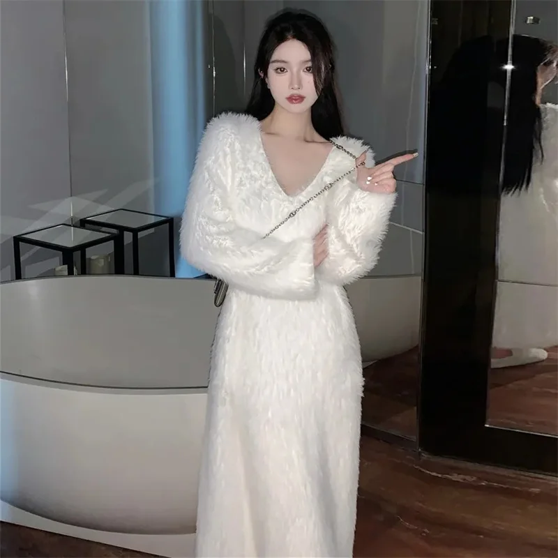 

Lazy And Gentle Soft Glutinous Knee Length Woolen Dress For Women Autumn Winter New 2023 Popular Mink fur Long Dress For Women