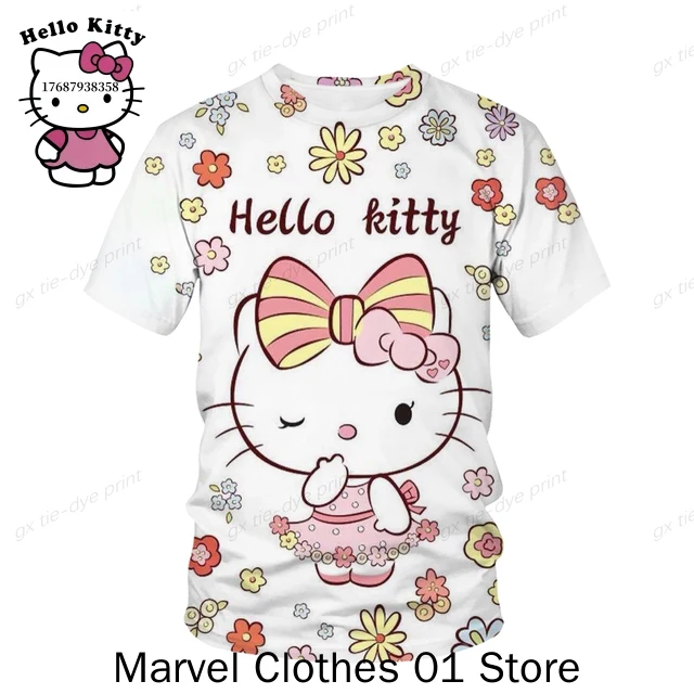 

Новинка 2024, Kawaii, футболка Hello Kitty, Детская летняя 3D футболка с мультяшным принтом в стиле Харадзюку, летняя повседневная футболка, уличная одежда, футболка Sanrio