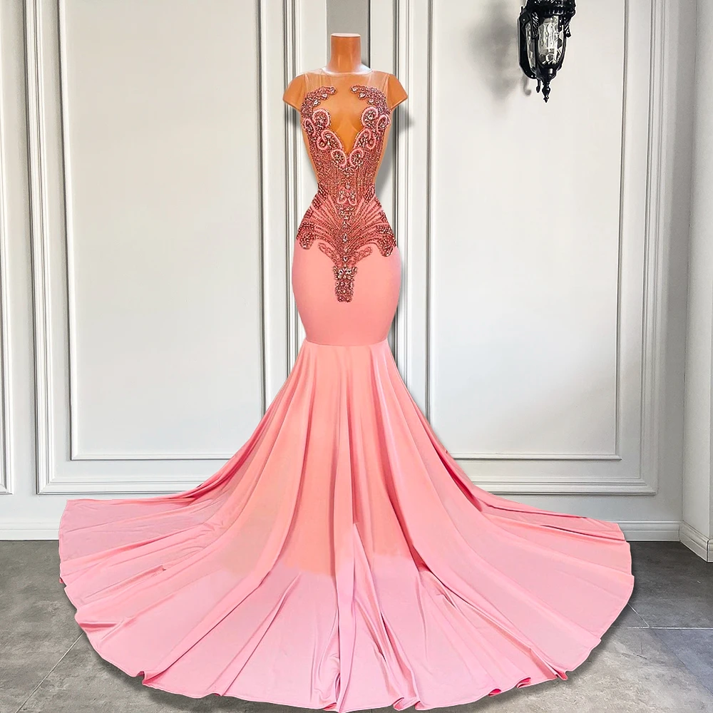 

Long Elegant Prom Dresses 2023 Sheer O-neck Sparkly Diamond Black Girl Spandex Pink Mermaid Black Girl Prom Gala Gowns
