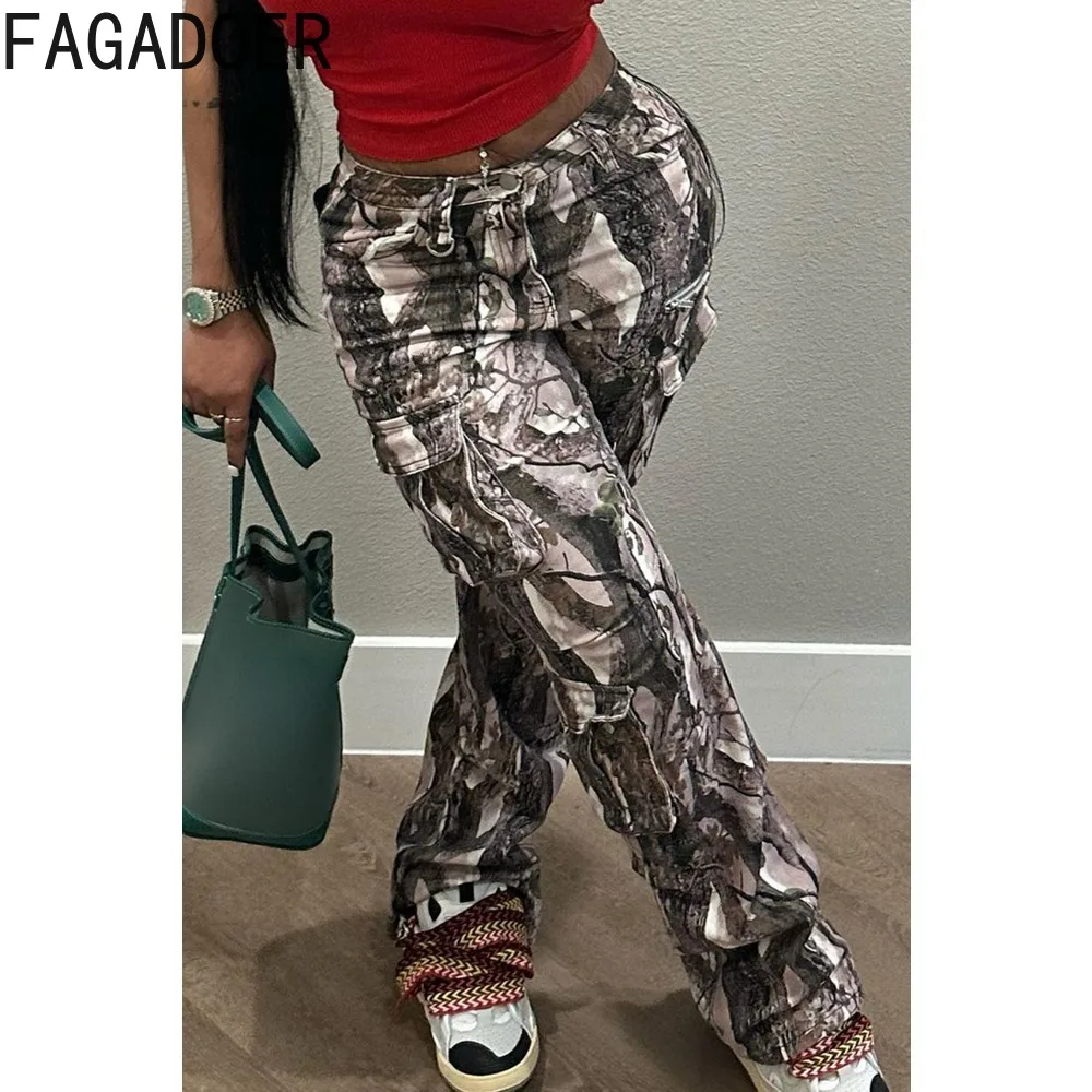 FAGADOER Fashion Printing Pocket Cargo Pants Women High Waisted Button Skinny Trousers Casual Female Matching Stacked Bottoms
