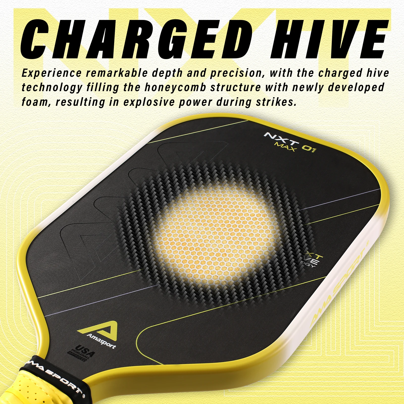 Pickleball Paddle 16MM AMASPORT NXT01 MAX Raw Carbon Fiber Charged Hive Core USAPA Compliant Approved Power & Control
