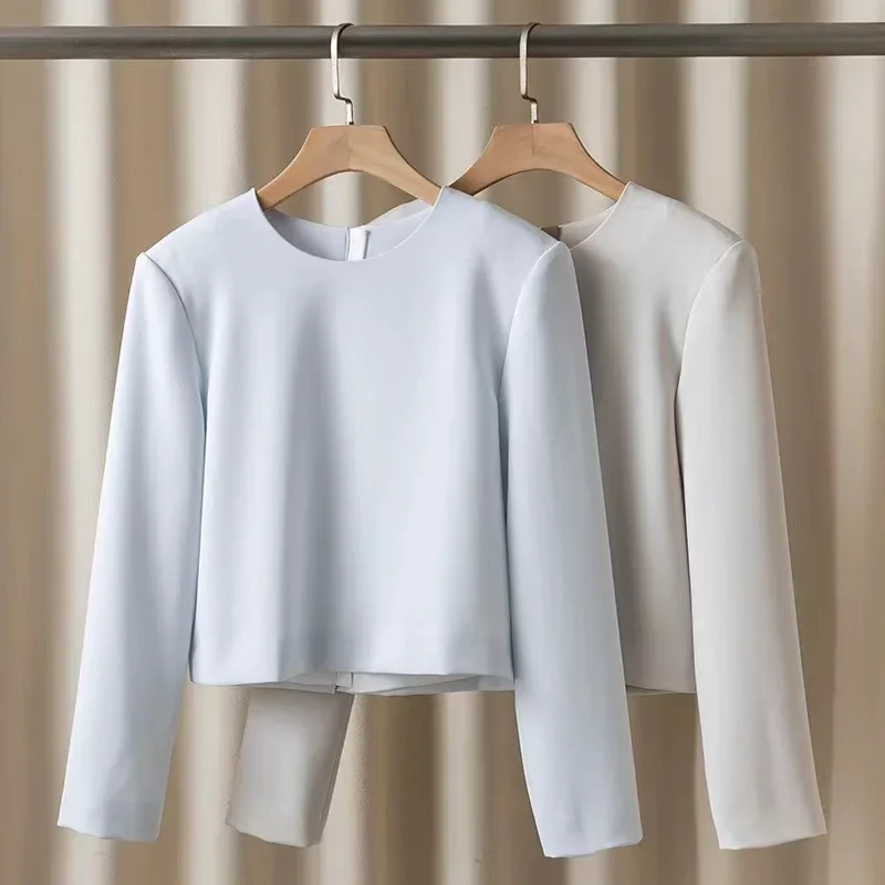 

Women's Tee 2024 New Summer Round-Neck Back Zipper Simple Solid Color Casual Long Sleeve T-Shirt