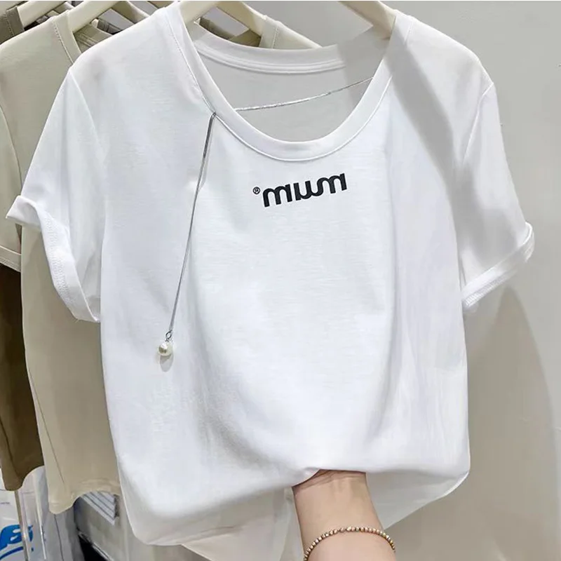 

2024 New Summer Elegant Fashion Loose Casual Office T-shirts for Women Retro Simplicity Solid Letter O Neck Short Sleeve Tops