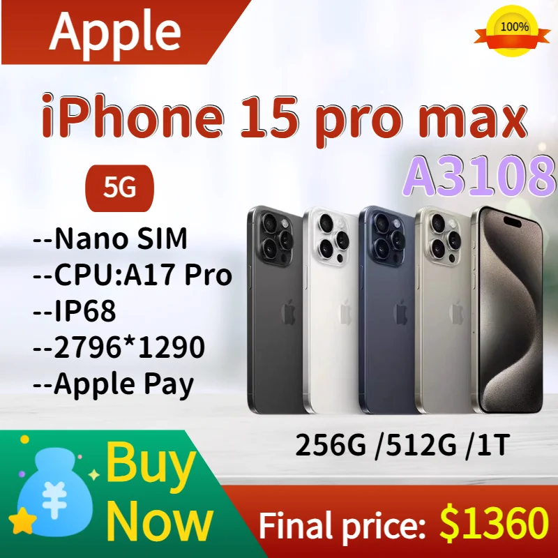

Apple iPhone 15 Pro Max iOS 17 Apple A17 Pro Super Retina XDR OLED Display IP68 dust/water resistant Dual-SIM 100% New Original