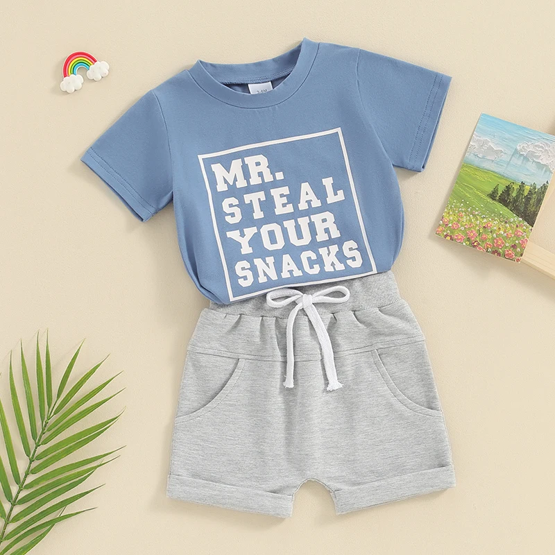 FOCUSNORM 0-3Y Toddler Baby Boys Summer Clothes Sets 2pcs Short Sleeve Letter Print Tops + Elastic Waist Shorts