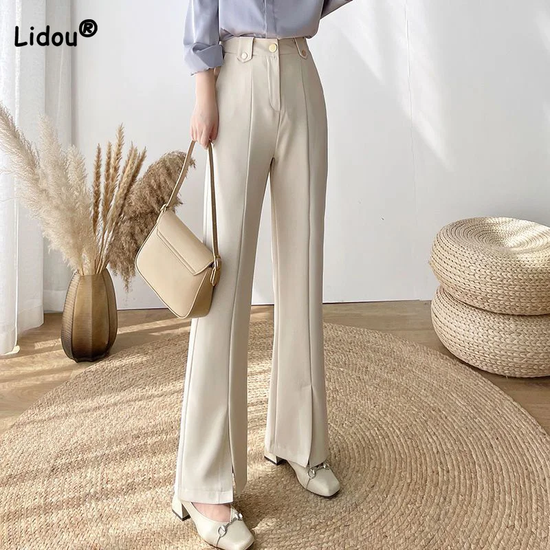 Fashion All-match Button Splicing Pockets Black Micro Flared Trousers Spring Autumn Casual Solid Color Wide Leg Suit Pants Women