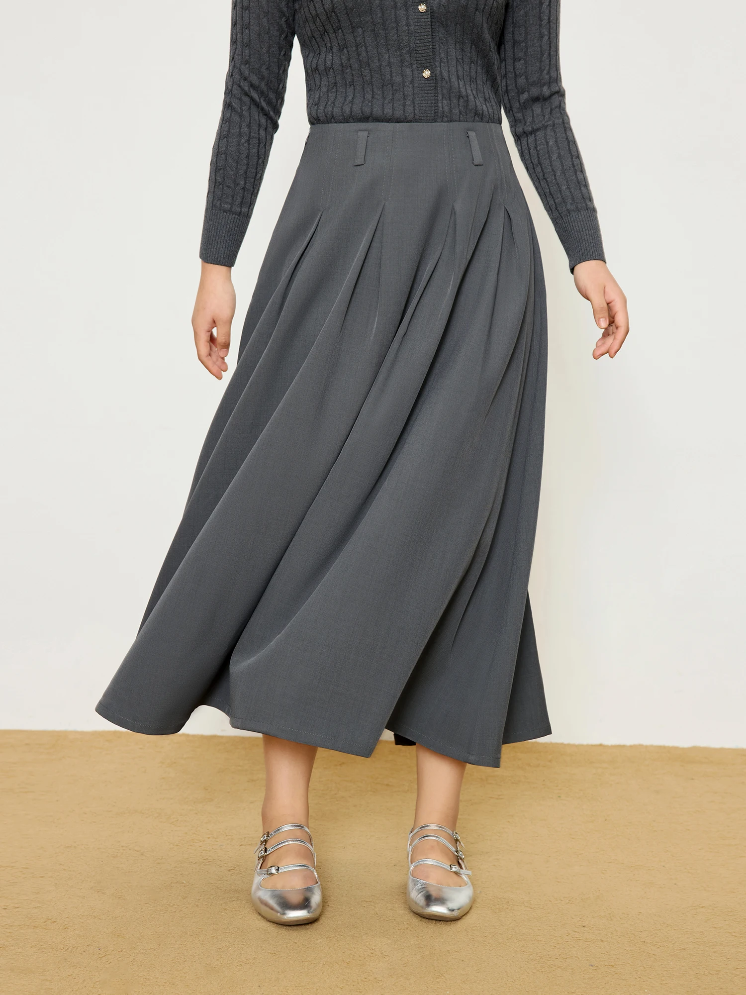 DUSHU Women's Pleated High Waist Skirt 2025 Spring New Design