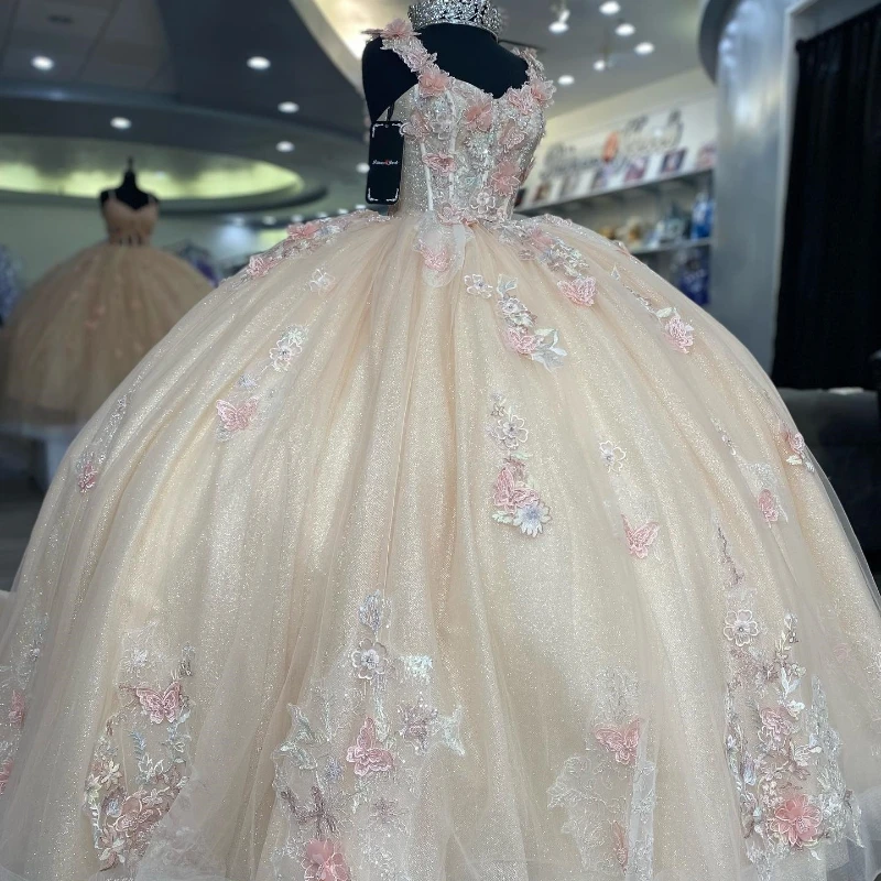 

Champagne Quinceanera Dress Ball Gown Sweetheart Beading Lace Appliques 3D Flowers Bow Sweet 16 Vestidos De 15 Quinceañera
