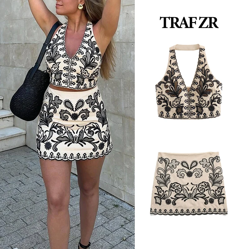 

Женский хлопковый костюм с вышивкой, жилет и юбка с открытыми плечами