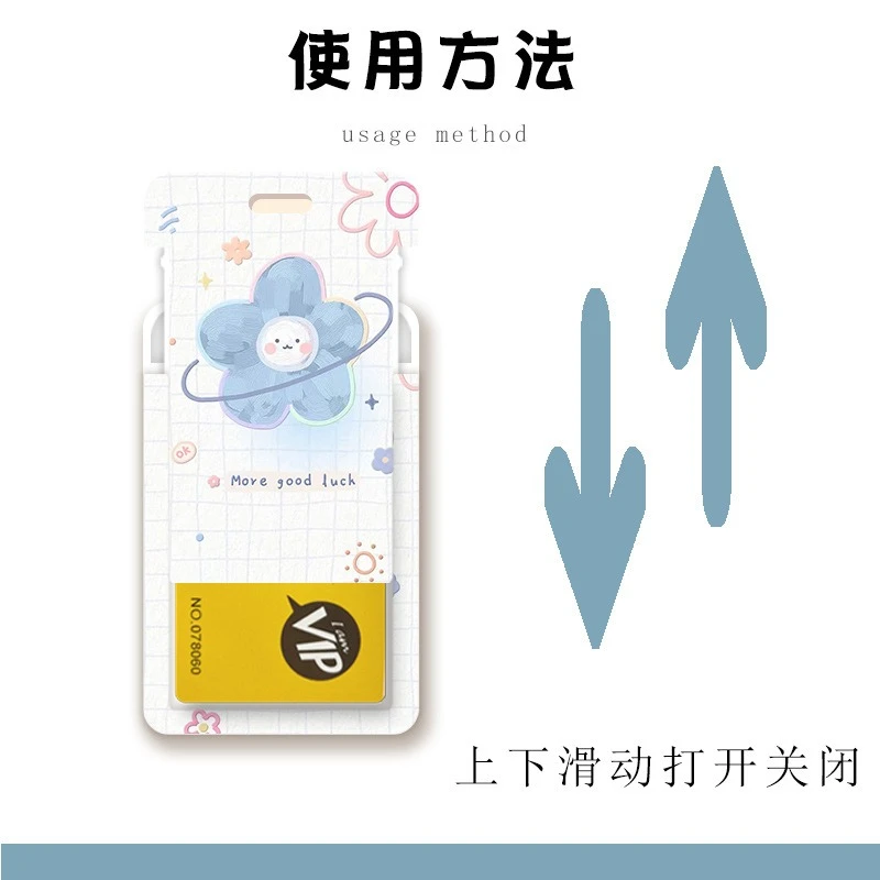 Blue Flower Slide Card Case - Cute Ins Style Student ID Holder with Neck Strap for Cards Storage (ABS Hard Shell)