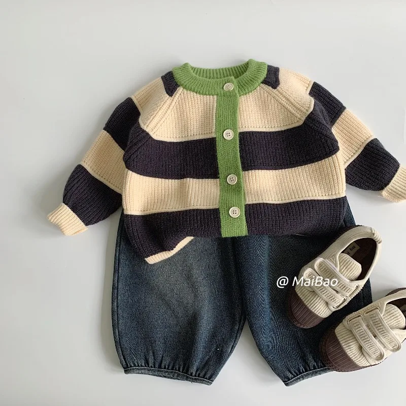 새로운 어린이 스웨터 키즈 스트라이프 가디건 봄 가을 소녀 스타일리시 패셔너블 코트 겨울  컬러 블록 아우터웨어