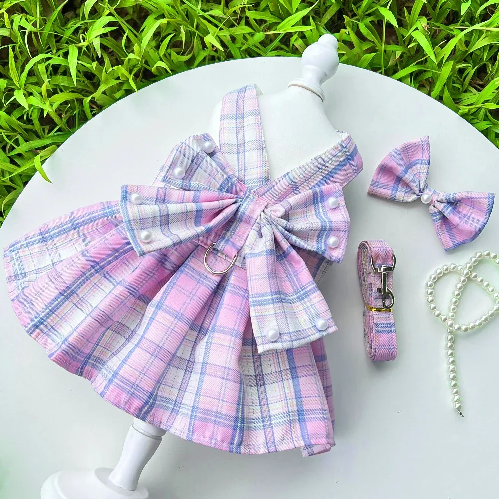 Pet Harness Leash Set Cute Plaid Dog Dress Cat Dog Holiday Party Costume Summer Girl Pet Clothes Bowknot Puppy Princess Dresses pet harness leash set pet harness set